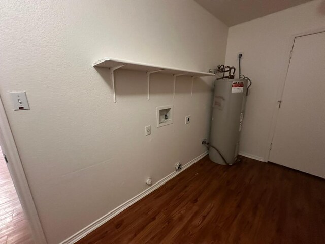 8429 Steamline Cir, Austin, TX 78745 - laundry room featuring water heater, hookup for a washing machine, wood finished floors, electric dryer hookup, and gas dryer hookup