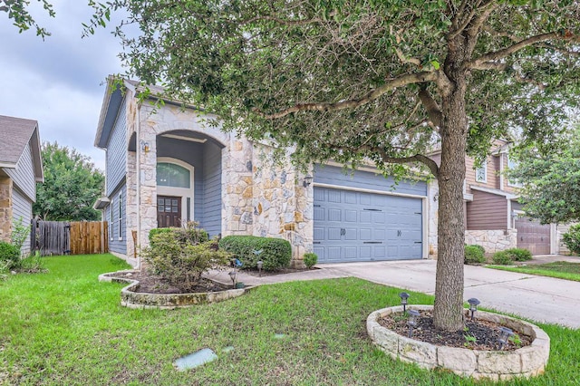 8521 White Ibis Dr, Austin, TX 78729 - view of property hidden behind natural elements featuring stone siding, concrete driveway, and an attached garage