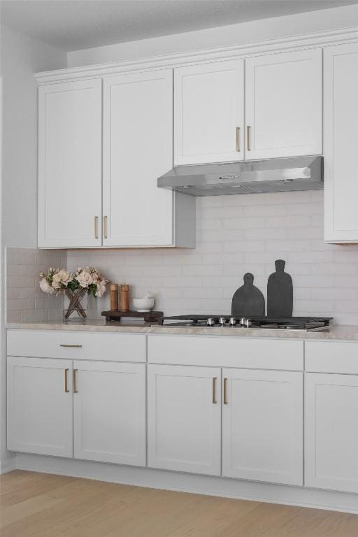 717 Sugar Cane Rd, Buda, TX 78610 - kitchen featuring under cabinet range hood, white cabinetry, backsplash, and light countertops