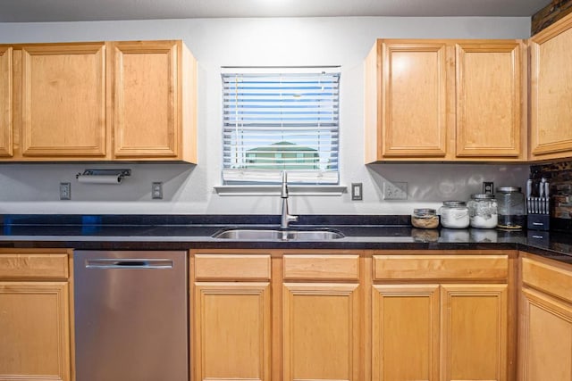 8936 Milton Lease Dr, Austin, TX 78747 - kitchen with stainless steel dishwasher, a sink, and dark stone counters