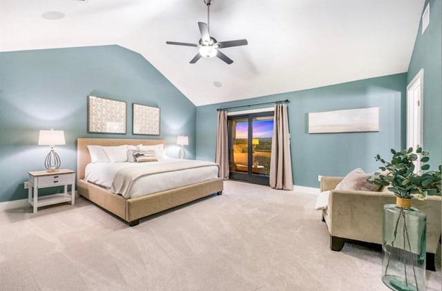 19407 White Horse Cv, Spicewood, TX 78669 - carpeted bedroom featuring lofted ceiling and ceiling fan