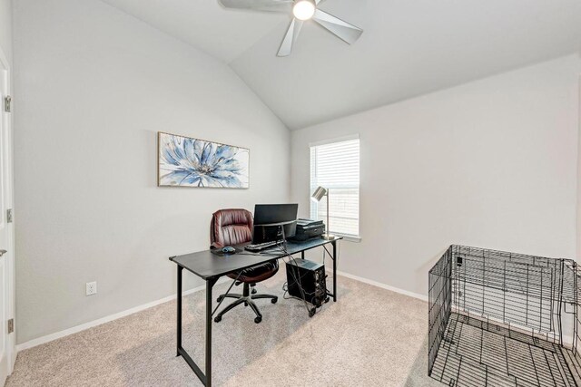 133 Free Stone Dr, Georgetown, TX 78628 - home office featuring a ceiling fan, carpet floors, baseboards, and vaulted ceiling