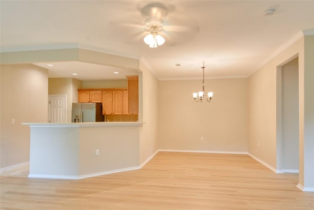 115 Dickens Cir, Georgetown, TX 78633 - kitchen with stainless steel refrigerator with ice dispenser, light wood-style floors, a ceiling fan, ornamental molding, and a chandelier