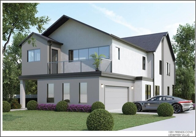 1201 Friends Cv, Round Rock, TX 78681 - view of front of home featuring stucco siding, a garage, a balcony, and a front yard