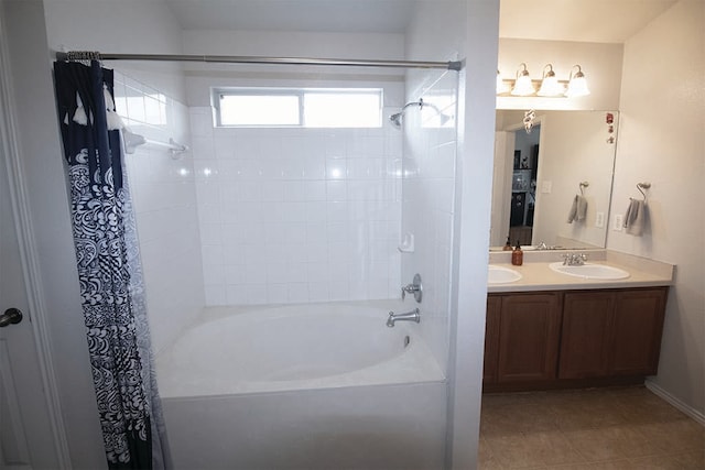 2723 Moonmist Cv, Round Rock, TX 78665 - full bathroom featuring shower / bathtub combination with curtain, tile patterned flooring, and double vanity