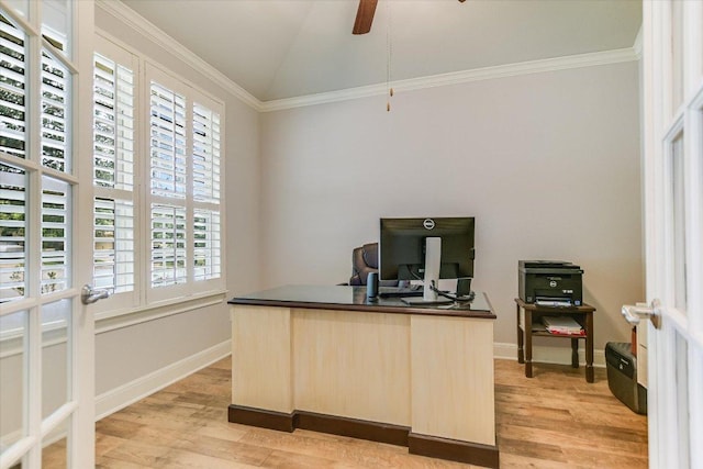2416 Montello Ct, Leander, TX 78641 - office area featuring light wood-style floors, plenty of natural light, lofted ceiling, a ceiling fan, and ornamental molding
