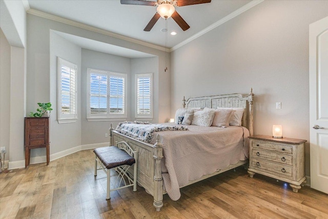 2416 Montello Ct, Leander, TX 78641 - bedroom featuring crown molding, wood finished floors, ceiling fan, and recessed lighting