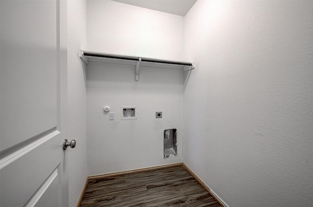 102 George Kimble Cv, Bastrop, TX 78602 - washroom with gas dryer hookup, hookup for a washing machine, dark wood-type flooring, baseboards, and electric dryer hookup