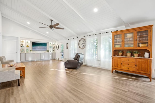 5604 Hudson Bend Rd, Austin, TX 78734 - sitting room with light wood-style flooring, beamed ceiling, ceiling fan, and high vaulted ceiling