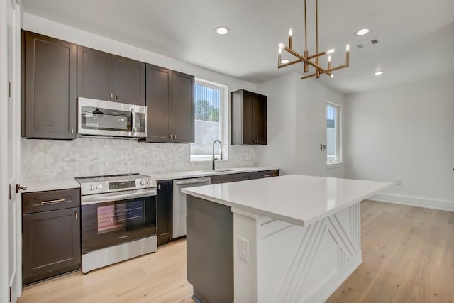 4127 E 12th St Unit 8, Austin, TX 78721 - kitchen featuring stainless steel appliances, a sink, decorative backsplash, light wood-style flooring, and a chandelier