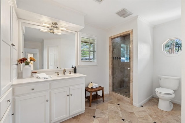 4607 Balcones Dr, Austin, TX 78731 - bathroom with vanity, a stall shower, crown molding, and tile patterned flooring