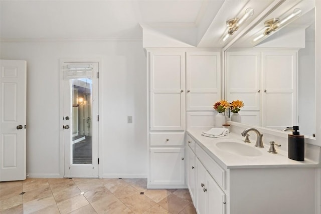 4607 Balcones Dr, Austin, TX 78731 - bathroom with crown molding, vanity, and tile patterned floors
