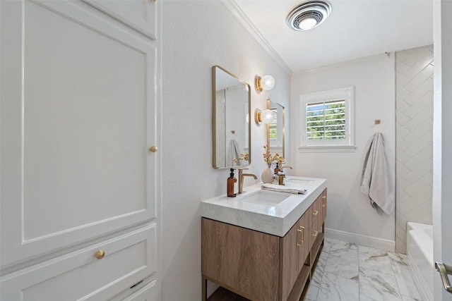 4607 Balcones Dr, Austin, TX 78731 - bathroom featuring double vanity, marble look tiles, crown molding, and bathing tub / shower combination