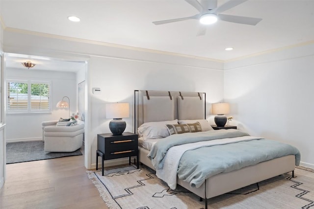 4607 Balcones Dr, Austin, TX 78731 - bedroom with light wood-style floors, recessed lighting, ceiling fan, and ornamental molding