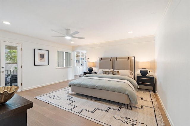 4607 Balcones Dr, Austin, TX 78731 - bedroom with access to outside, light wood-style floors, recessed lighting, and a ceiling fan
