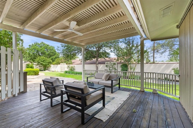 4607 Balcones Dr, Austin, TX 78731 - wooden terrace featuring a fenced backyard, outdoor lounge area, and a ceiling fan