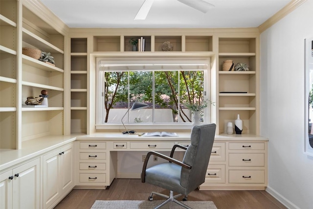 4607 Balcones Dr, Austin, TX 78731 - office area featuring built in study area, dark wood finished floors, and a ceiling fan