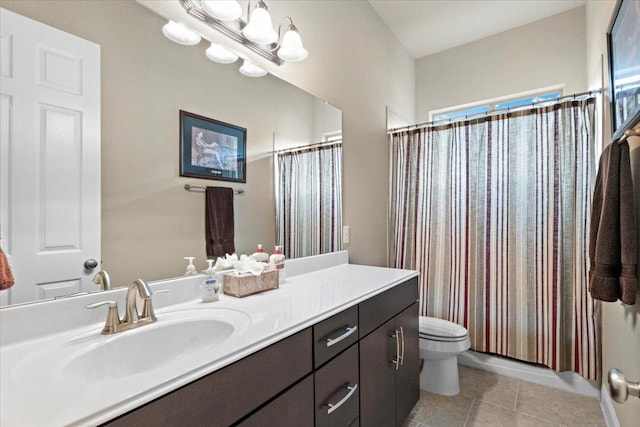21912 Rock Wren Rd, Spicewood, TX 78669 - bathroom with vanity, tile patterned floors, toilet, and a shower with curtain