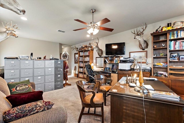 21912 Rock Wren Rd, Spicewood, TX 78669 - carpeted office space with a ceiling fan, lofted ceiling, and recessed lighting