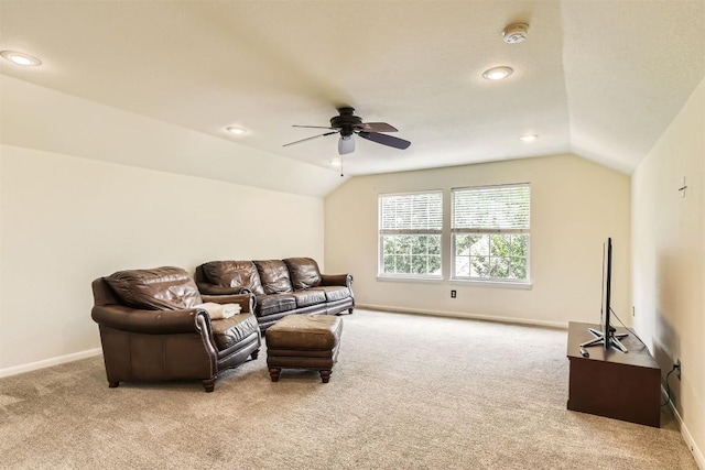 10672 Bramblecrest Dr, Austin, TX 78726 - carpeted living room with vaulted ceiling, ceiling fan, baseboards, and recessed lighting