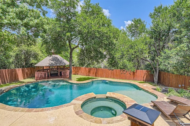10672 Bramblecrest Dr, Austin, TX 78726 - view of pool with a gazebo, a fenced backyard, a pool with connected hot tub, and a patio area