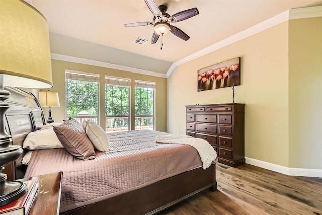 10672 Bramblecrest Dr, Austin, TX 78726 - bedroom with baseboards, wood finished floors, ornamental molding, and ceiling fan