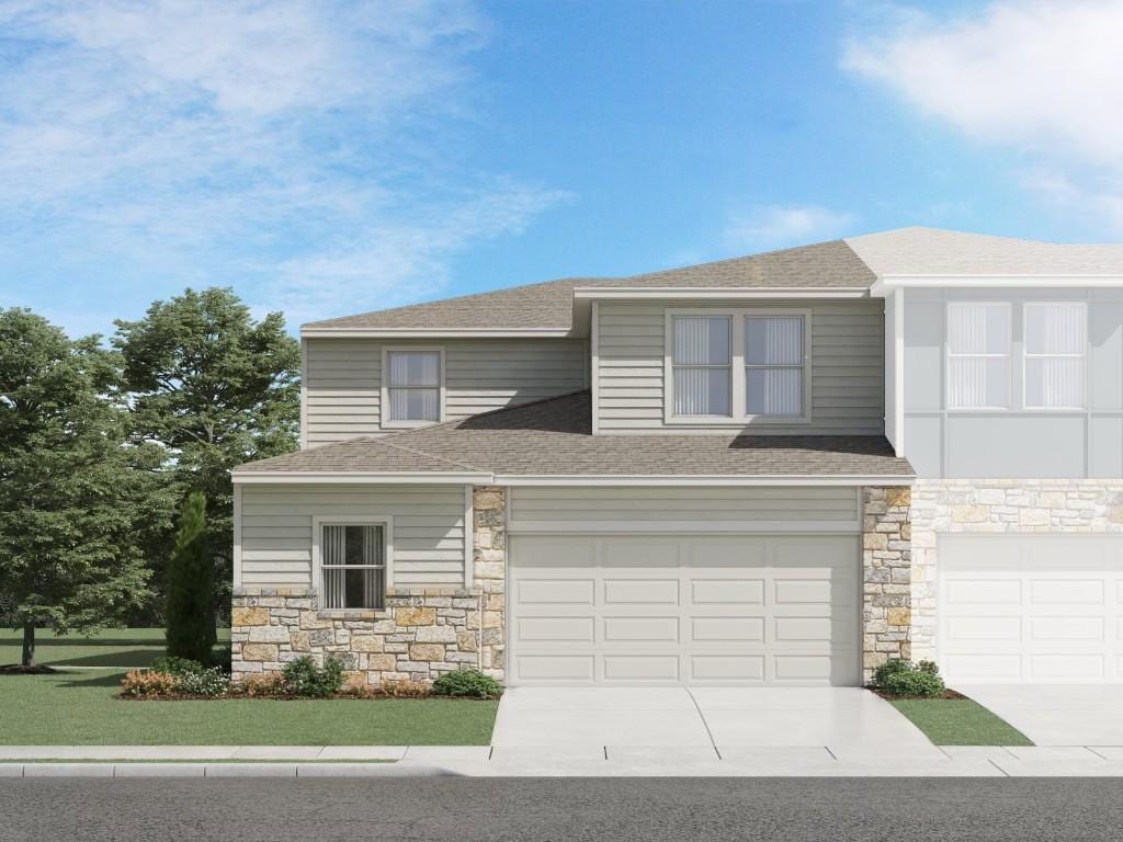 1850 Settlers Glen Dr Unit 1401, Andice, TX 78665 - view of front of house featuring stone siding, a garage, concrete driveway, and roof with shingles
