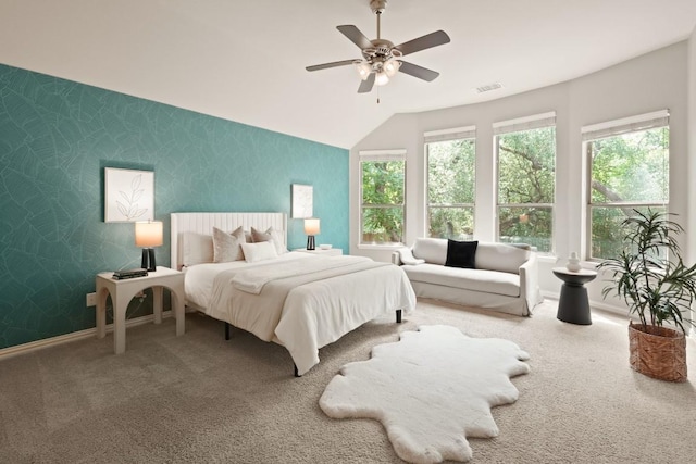 495 Catalina Ln, Austin, TX 78737 - bedroom with carpet, vaulted ceiling, baseboards, and ceiling fan