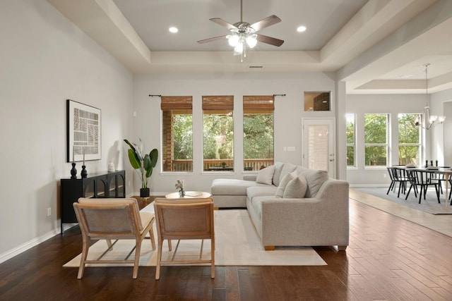 495 Catalina Ln, Austin, TX 78737 - living area with a tray ceiling, dark wood-type flooring, ceiling fan, and baseboards