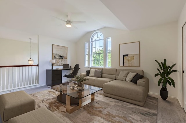 15001 Banbridge Trl, Austin, TX 78717 - living area featuring ceiling fan, lofted ceiling, baseboards, and carpet floors
