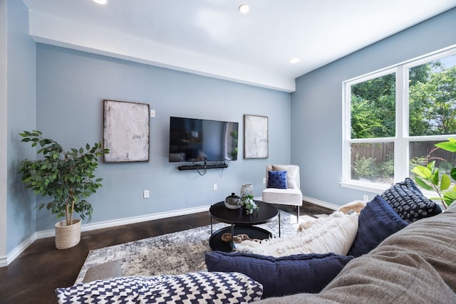 3407 Banton Rd Unit A, Austin, TX 78722 - living area featuring baseboards, wood finished floors, and recessed lighting