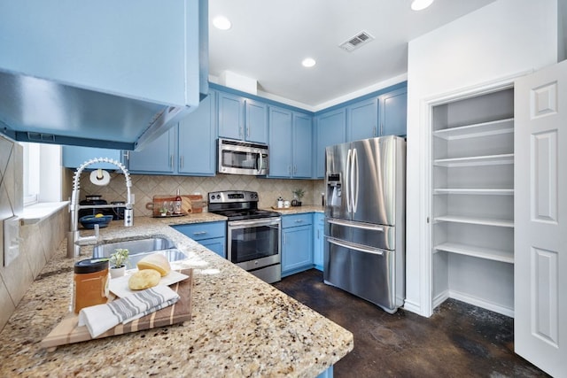 3407 Banton Rd Unit A, Austin, TX 78722 - kitchen with appliances with stainless steel finishes, blue cabinetry, finished concrete floors, a sink, and recessed lighting