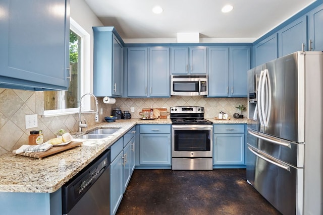 3407 Banton Rd Unit A, Austin, TX 78722 - kitchen with appliances with stainless steel finishes, a sink, blue cabinets, finished concrete floors, and backsplash