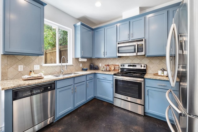 3407 Banton Rd Unit A, Austin, TX 78722 - kitchen featuring appliances with stainless steel finishes, a sink, blue cabinets, backsplash, and concrete flooring