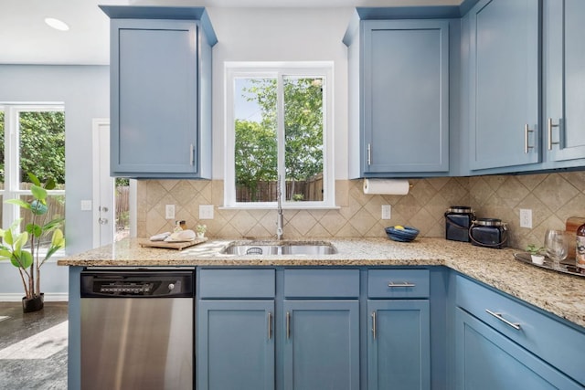 3407 Banton Rd Unit A, Austin, TX 78722 - kitchen featuring dishwasher, blue cabinetry, a sink, and tasteful backsplash
