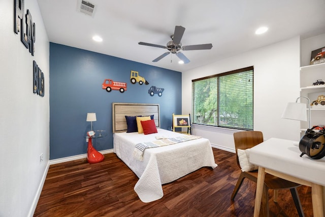 3407 Banton Rd Unit A, Austin, TX 78722 - bedroom featuring wood finished floors, baseboards, recessed lighting, a ceiling fan, and a desk