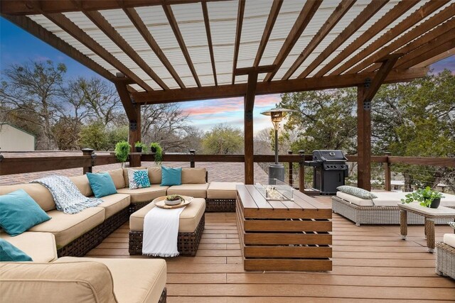 119 Vicinity Trl, Spicewood, TX 78669 - wooden deck featuring an outdoor living space with a fire pit, grilling area, and a pergola