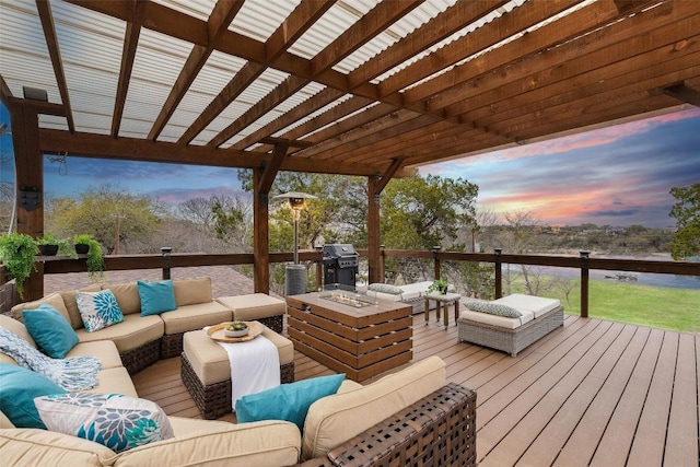 119 Vicinity Trl, Spicewood, TX 78669 - deck featuring an outdoor living space with a fire pit, area for grilling, and a pergola