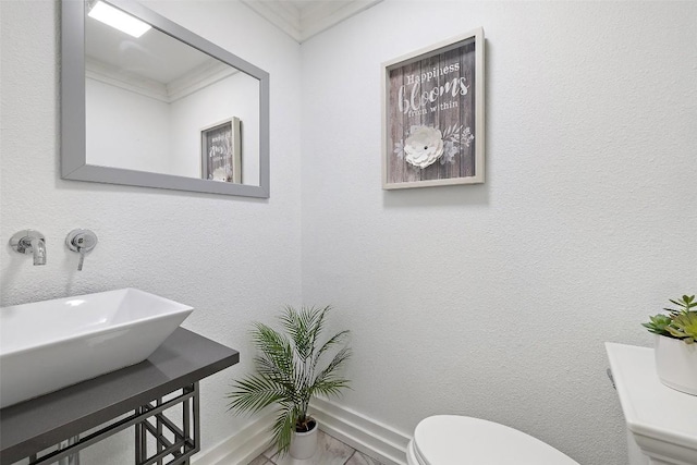 119 Vicinity Trl, Spicewood, TX 78669 - half bathroom featuring toilet, a sink, and ornamental molding