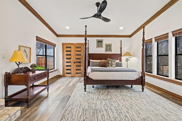 119 Vicinity Trl, Spicewood, TX 78669 - bedroom featuring ornamental molding, wood finished floors, baseboards, and recessed lighting
