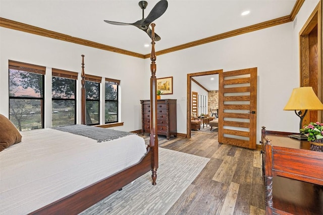 119 Vicinity Trl, Spicewood, TX 78669 - bedroom with crown molding, wood finished floors, recessed lighting, baseboards, and ceiling fan