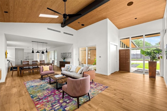 4005 Knollwood Dr, Austin, TX 78731 - living area with high vaulted ceiling, light wood-style flooring, a ceiling fan, and a wood ceiling with exposed beams