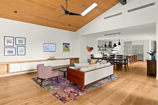 4005 Knollwood Dr, Austin, TX 78731 - living area featuring ceiling fan, high vaulted ceiling, light wood-style floors, and a wood ceiling with exposed beams