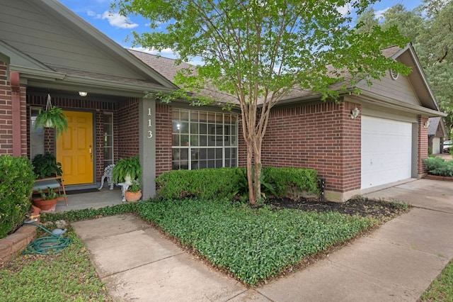 113 Arikara St, Buda, TX 78610 - entrance to property featuring brick siding, an attached garage, driveway, and a shingled roof