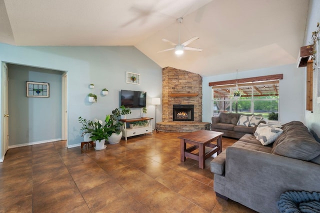 113 Arikara St, Buda, TX 78610 - living area with ceiling fan, a stone fireplace, high vaulted ceiling, and baseboards