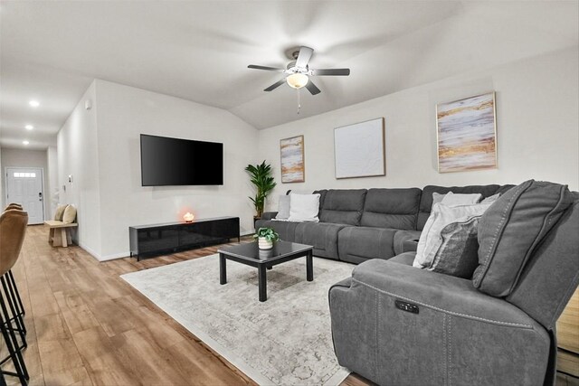 801 Russet Rock Dr Unit 6, Manchaca, TX 78748 - living area with light wood-style flooring, ceiling fan, lofted ceiling, baseboards, and recessed lighting