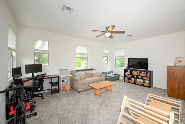 10401 Bramble Berry Dr, Austin, TX 78748 - living room featuring carpet flooring, healthy amount of natural light, and ceiling fan