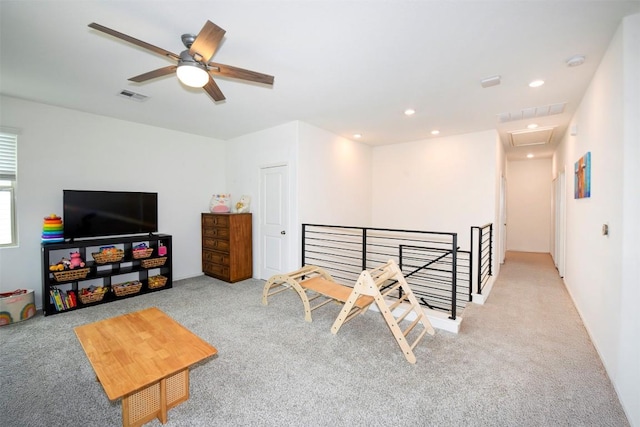 10401 Bramble Berry Dr, Austin, TX 78748 - sitting room featuring carpet flooring, an upstairs landing, a ceiling fan, and recessed lighting