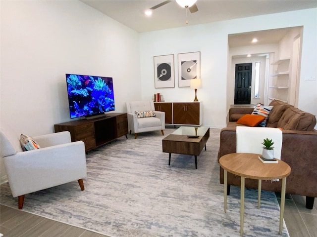 19024 Fernando Trl, Austin, TX 78738 - living room featuring wood finished floors, ceiling fan, and recessed lighting
