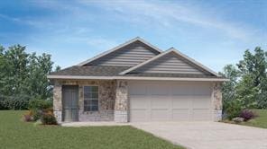 12008 Roving Pass, Elgin, TX 78621 - view of front facade with concrete driveway, an attached garage, a front yard, and stone siding